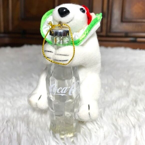 NWOT Vintage Coca-Cola Stuffed Polar Bear Cub with Bottle Ornament - Picture 1 of 7